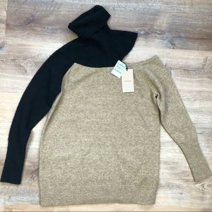 Halogen Sweater Turtleneck Exposed Shoulder Tan Black Size XS NEW